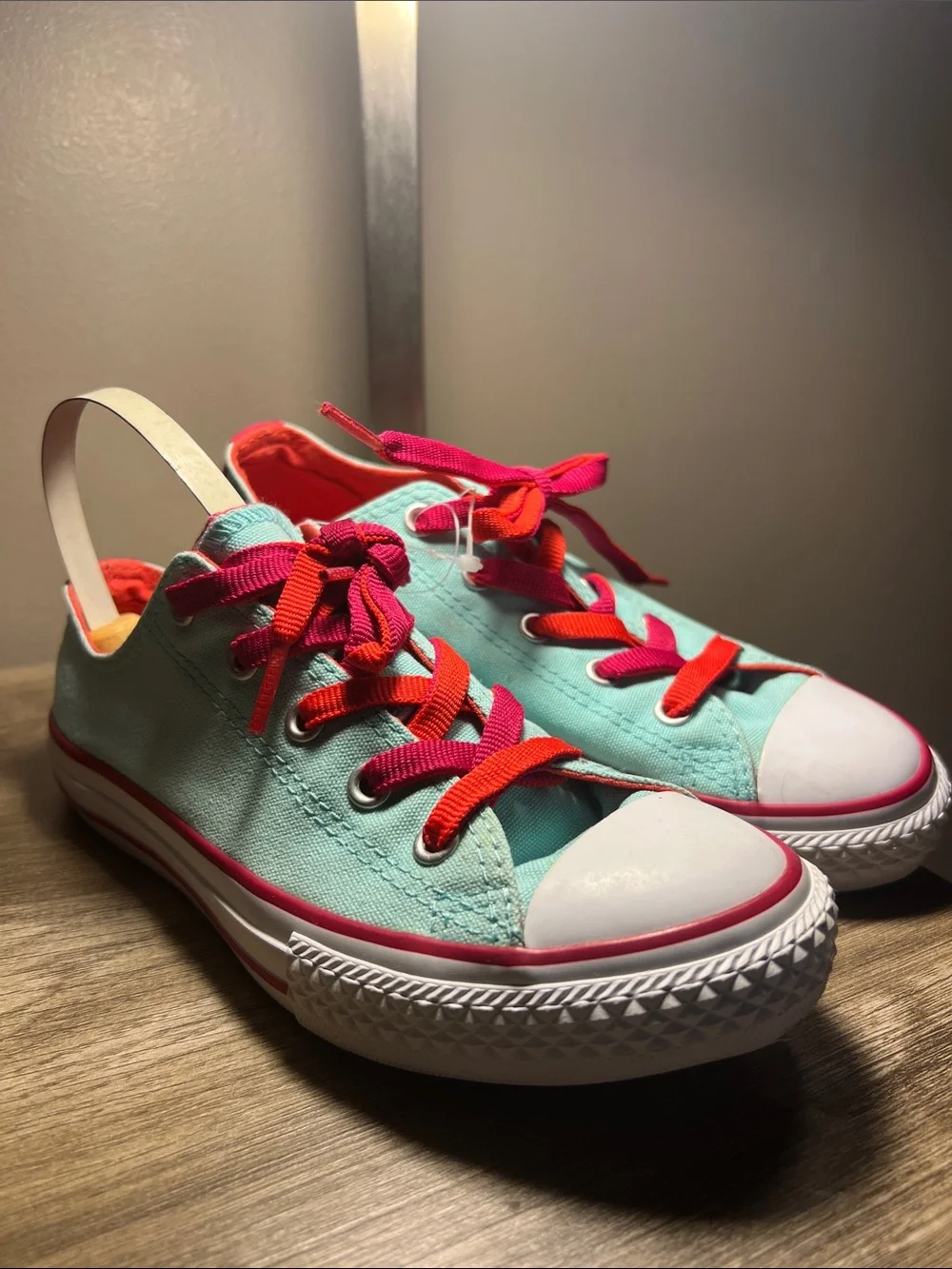 Converse Mint Green Low-Top Sneakers with Pink and Red Laces